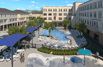 Rendering of outdoor swimming pool area, The Oleanders at Broadway