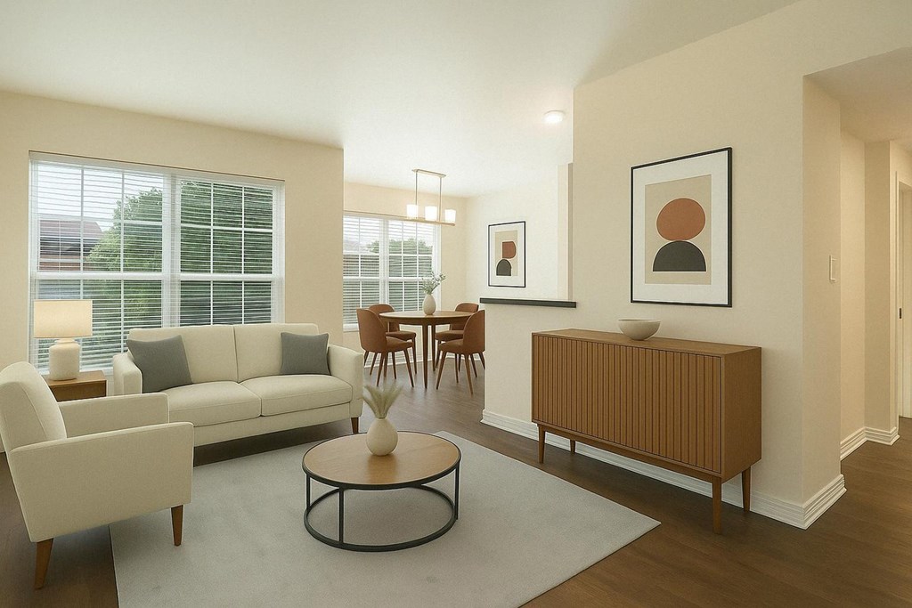 A living room with a white sofa, a wooden side table, and a coffee table.