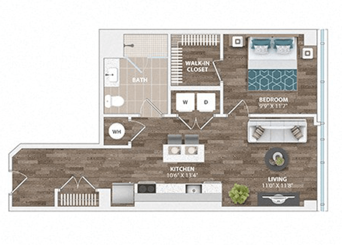 A floor plan of a small apartment with a living room, kitchen, bathroom, and bedroom.