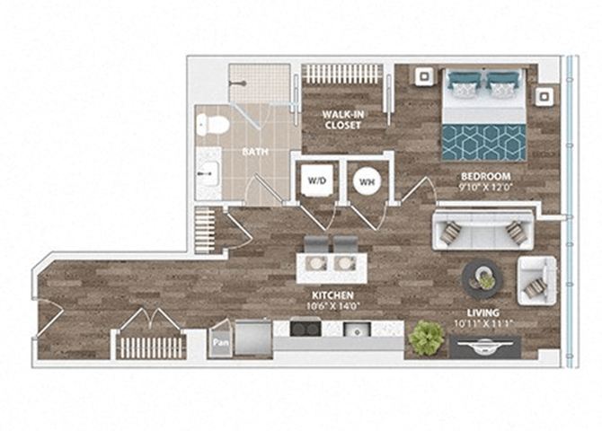 A floor plan of a house with a living room, kitchen, bathroom, and bedrooms.