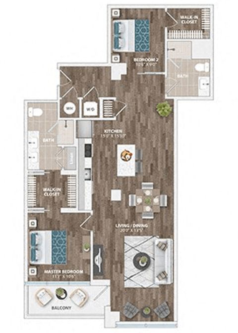 A floor plan of a house with a balcony and a master bedroom.