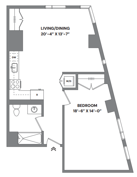 a floor plan of a studio apartment with a bedroom and a loft