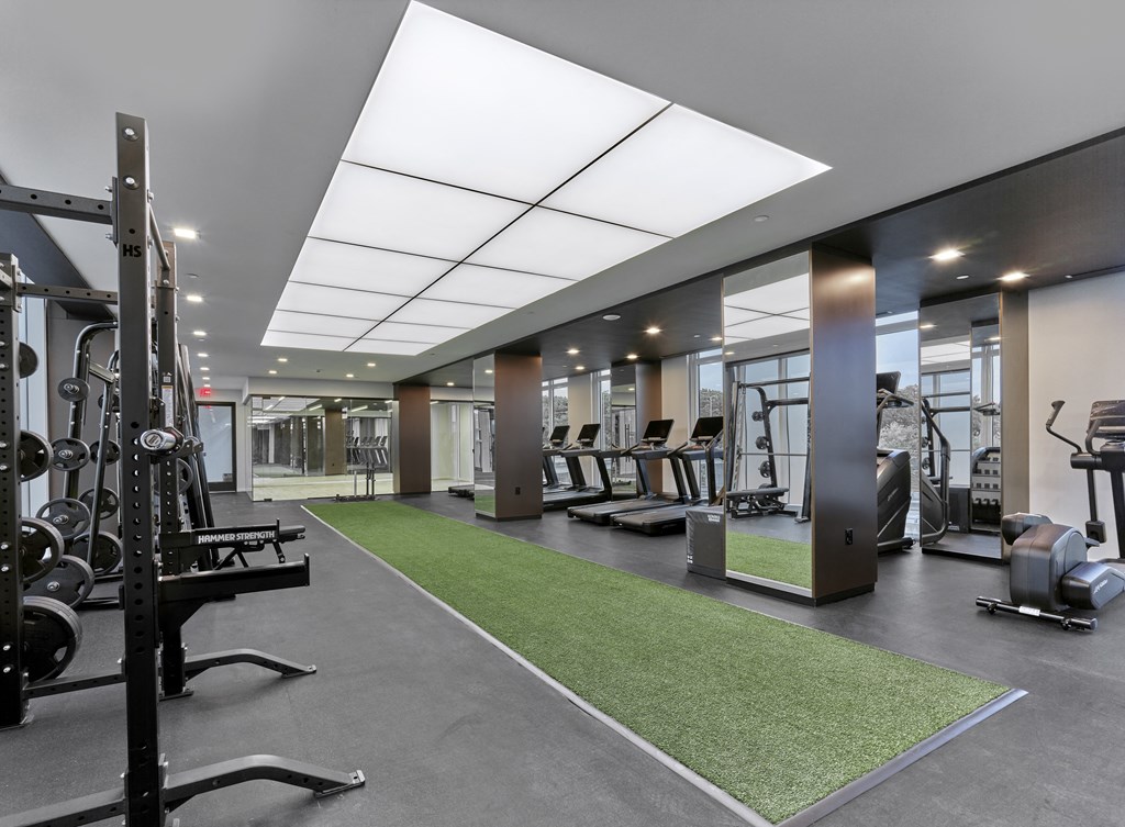 a gym with exercise equipment and a green carpet on the floor