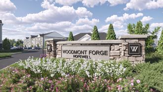 a rendering of woodmont forge property sign with flowers in the foreground