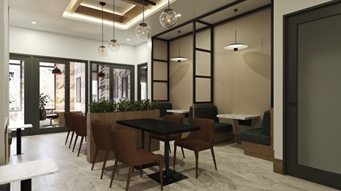 A modern dining room with a table set for six.