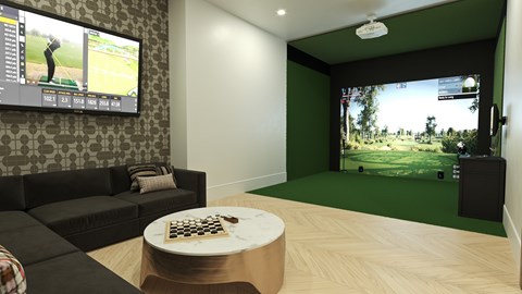 A living room with a large TV screen showing a golf game.