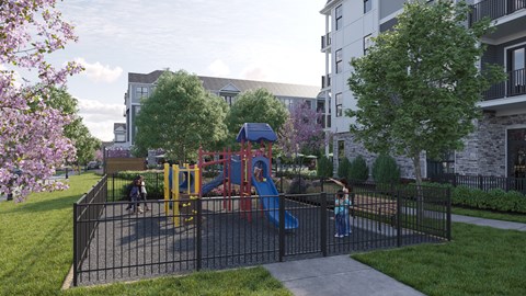 A playground with a blue slide and a red swing set.
