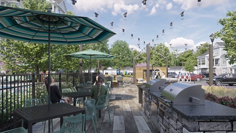 A patio with tables and chairs under umbrellas.