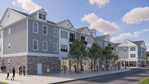 A street view of a residential area with people walking and a building with a "RETAIL" sign.