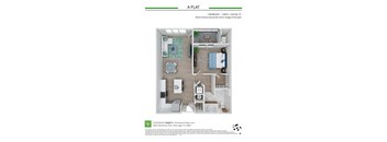 A floor plan of a one bedroom, one bathroom apartment.
