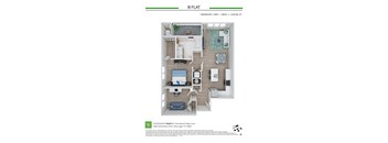 A floor plan of a B Flat apartment with a bedroom, den, and bathroom.