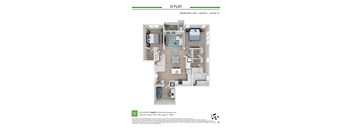 A floor plan of a 2 bedroom, 2 bathroom apartment that is 1,350 square feet.