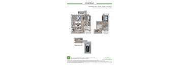 A floor plan for a Chateau apartment complex shows two bedrooms, a den, and a garage.