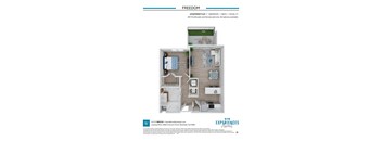 A floor plan for a 1 bedroom apartment with a balcony.
