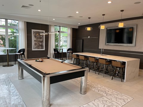 Game room with a pool table and resident bar seating and tv