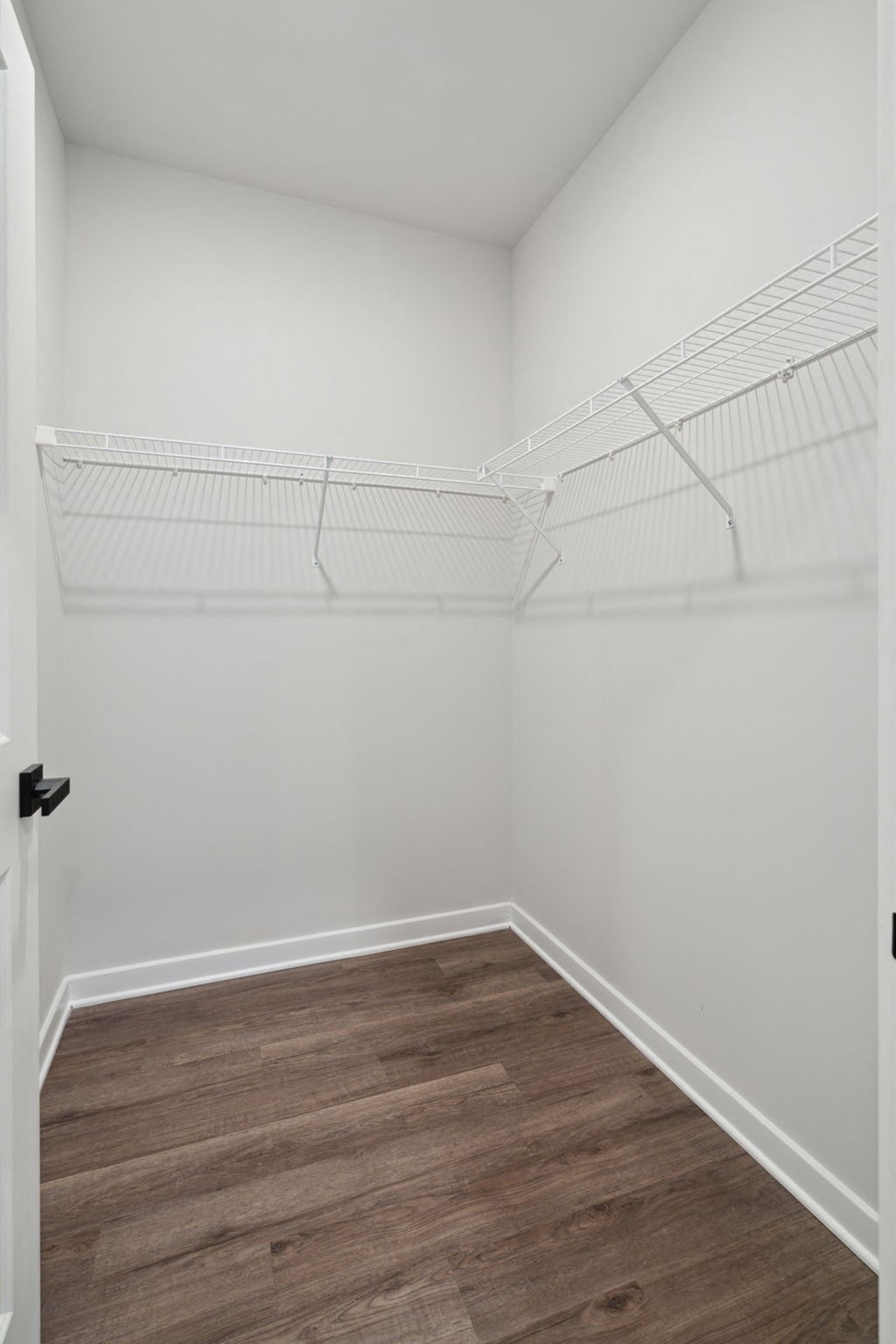 a bedroom with a medium hardwood floor and white walls