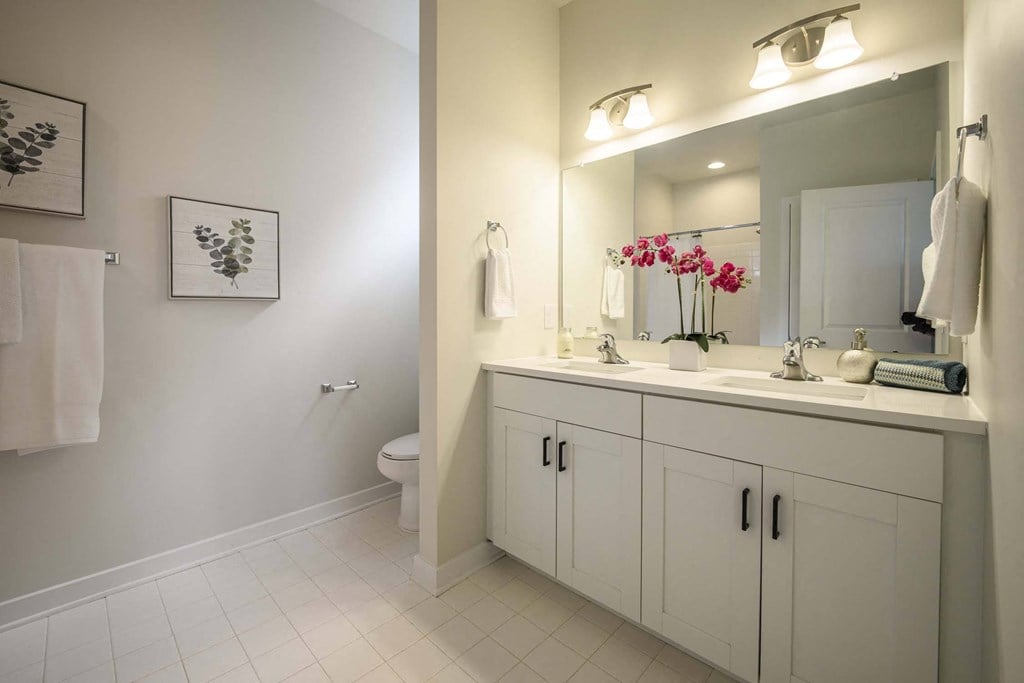 Primary bathroom with double vanity and toilet