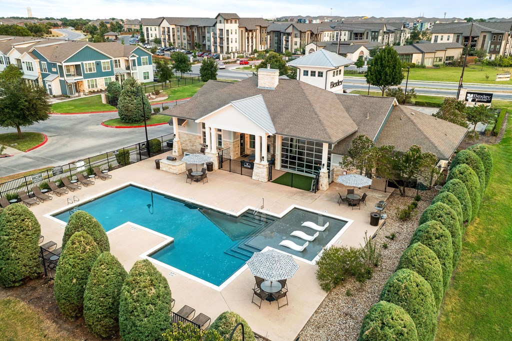 aerial view of pool and clubhouse at bexley at tech ridge