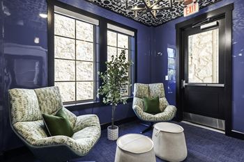 a living room with two chairs and a tree in the corner