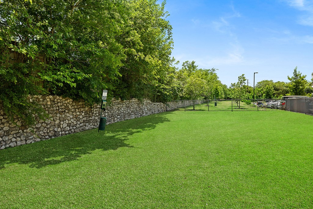 a grass lawn next to a stone wall and a chain link fence