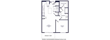 1 bedroom floorplan with L-shaped Kitchen and Island. Pantry, Living/Dining Area, Bedroom and bathroom with Bath/Shower and Walk-in Closet. Fenced-in Yard