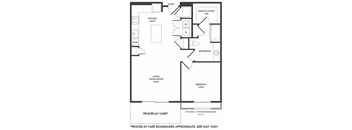 1 bedroom floorplan with L-shaped Kitchen and Island. Pantry, Living/Dining Area, Bedroom and bathroom with Bath/Shower and Walk-in Closet. Fenced-in YardOptional 2 ft extended bedroom