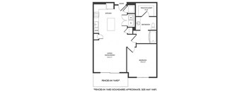 1 bedroom floorplan with L-shaped Kitchen and Island. Pantry, W/D Closet, Living/Dining Area, Bedroom and bathroom with bathtub and Walk-in Closet. Fenced-in Yard