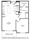 1 bedroom floorplan with L-shaped Kitchen and Island. Pantry, W/D Closet, Living/Dining Area, Bedroom and bathroom with bathtub and Walk-in Closet. Fenced-in Yard