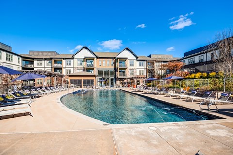 A large outdoor swimming pool surrounded by lounge chairs and umbrellas.
