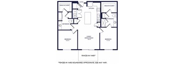 2 Bedroom 2 bath floorplan with L-shaped kitchen, pantry, w/d. one bathroom has a tub/shower while the other is a standalone shower. Walk-in closets. Fenced-in Yard