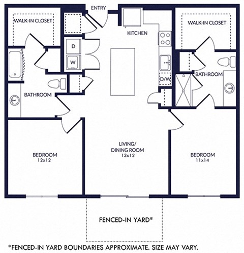 2 Bedroom 2 bath floorplan with L-shaped kitchen, pantry, w/d. one bathroom has a tub/shower while the other is a standalone shower. Walk-in closets. Fenced-in Yard