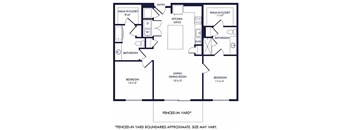 2 bedroom floorplan. L-shaped kitchen overlooking dining and living area.  bedrooms on opposite sides of the apartment. Walk-in closets. 2 bathrooms. W/D in kitchen area. Patio/Balcony. Fenced-in Yard