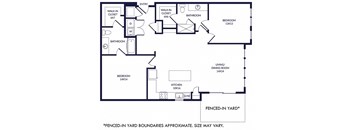 2 Bedroom 2 bath floorplan with L-shaped kitchen, pantry, w/d. one bathroom has a tub/shower while the other is a standalone shower. Walk-in closets. Fenced-in Yard.