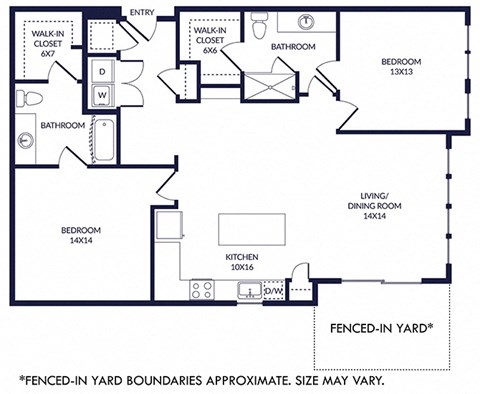 2 Bedroom 2 bath floorplan with L-shaped kitchen, pantry, w/d. one bathroom has a tub/shower while the other is a standalone shower. Walk-in closets. Fenced-in Yard.