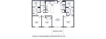 3 Bedroom 3 bath floorplan with L-shaped kitchen, pantry, w/d. two bathrooms have a tub/shower while the other is a standalone shower. Walk-in closets. Fenced-in Yard