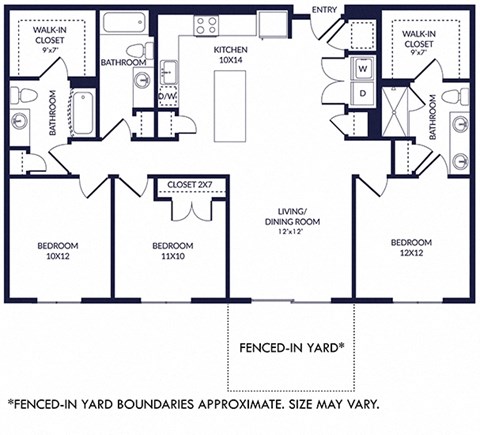3 Bedroom 3 bath floorplan with L-shaped kitchen, pantry, w/d. two bathrooms have a tub/shower while the other is a standalone shower. Walk-in closets. Fenced-in Yard