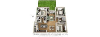 A 3D floor plan of a small apartment with a note that says "Fenced-in Yard Boundaries APPROXIMATE. SIZE MAY VARY."