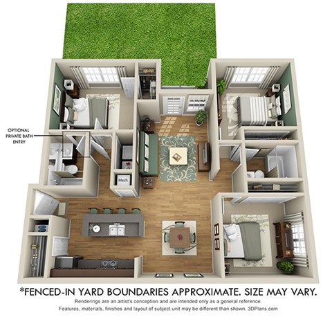 A 3D floor plan of a small apartment with a note that says "Fenced-in Yard Boundaries APPROXIMATE. SIZE MAY VARY."