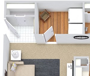 Cameron 3D. 1 bedroom apartment. Kitchen with bartop open to living/dinning rooms. 1 full bathroom. Walk-in closet. Patio/balcony with storage.