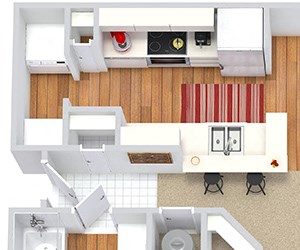 Trent 3D. 2 bedroom apartment. Kitchen with bartop open to living/dinning rooms. 2 full bathrooms. Walk-in closets. Patio/balcony with storage.
