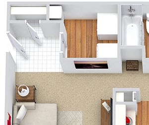 Duke 3D. 2 bedroom apartment. Kitchen with bartop open to living/dinning rooms. 2 full bathrooms, double vanity in master. Walk-in closets. Patio/balcony with storage.