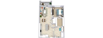 1 bedroom 1 bath Hartman floorplan. l-shaped kitchen with island overlooking dining/living area. laundry closet off of dining area. bathroom with dual access. large walk-in closet. balcony or patio access off of living room.