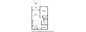 the 1 bedroom 1 bath barkley floorplan. entry opens into kitchen area with l-shaped kitchen and island. overlooking living area and entrance to patio with fenced-in yard. bedroom has walk in closet. full size washer/dryer in laundry room. bathroom has garden style tub.