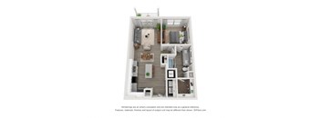 1 bedroom 1 bath Hall floorplan. l-shaped kitchen with island overlooking dining and living area. dual sink vanity with guest entrance. large walk in closet. w/d closet at entrance. Balcony or patio entrance off of living.