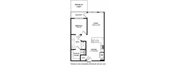 1 bedroom 1 bath floorplan. Entry opens into kitchen with peninsula couters overlooking the living area.  Entrance to bedroom from the living room. Bathroom access available from living as well as bedroom. Walk-in closet with stackable washer/dryer. Patio off of living room