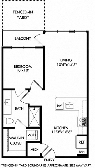 1 bedroom 1 bath floorplan. Entry opens into kitchen with peninsula couters overlooking the living area.  Entrance to bedroom from the living room. Bathroom access available from living as well as bedroom. Walk-in closet with stackable washer/dryer. Patio off of living room