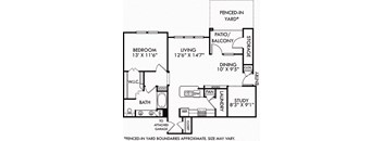 Lantana with Attached Garage. 1 bedroom apartment + study room. Kitchen with bartop open to living/dinning rooms. 1 full bathroom, double vanity. Walk-in closet. Patio/balcony. Fenced-in Yard.