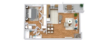 1 bedroom 1 bath 3d  floorplan entry opens to living room. L shaped kitchen with island overlooking living room. bedroom with 2 closets, stackable washer dryer in bedroom. Patio or balcony.