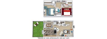 2 bedroom floorplan in 3D. L-shaped kitchen overlooking dining area, living room and full bath with shower on 1st floor. bedrooms and full bath on 2nd floor. stackable w/d in one bedroom. Fenced-in yard.