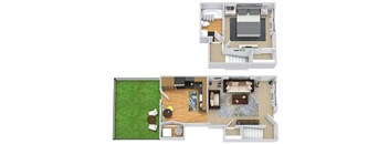 A floor plan of a house with a living room, kitchen, and bathroom.